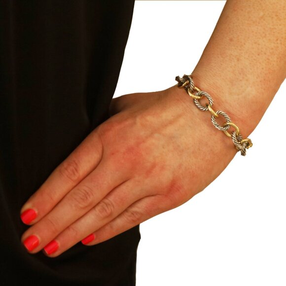 David Yurman Cable Oval Link Bracelet 7" Sterling Silver 925 Yellow Gold 18k - Picture 2 of 7